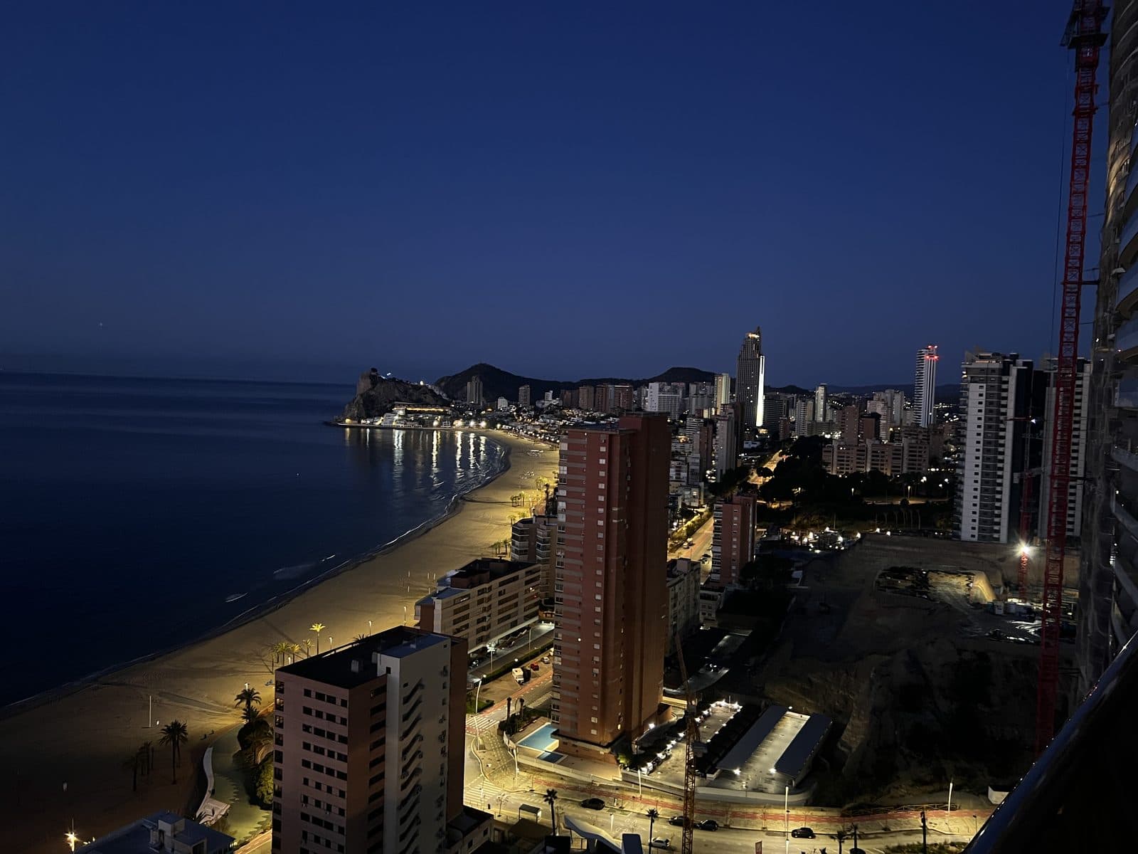 Poniente Beach and Benidorm skyline at night from our 18th floor apartment at Sunset Cliffs