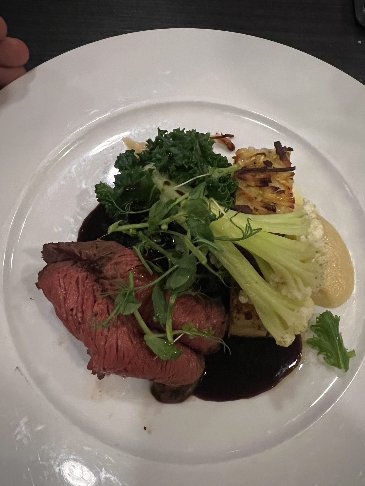 Beautifully plated steak with cauliflower and jus at Myrkdalen Hotel restaurant